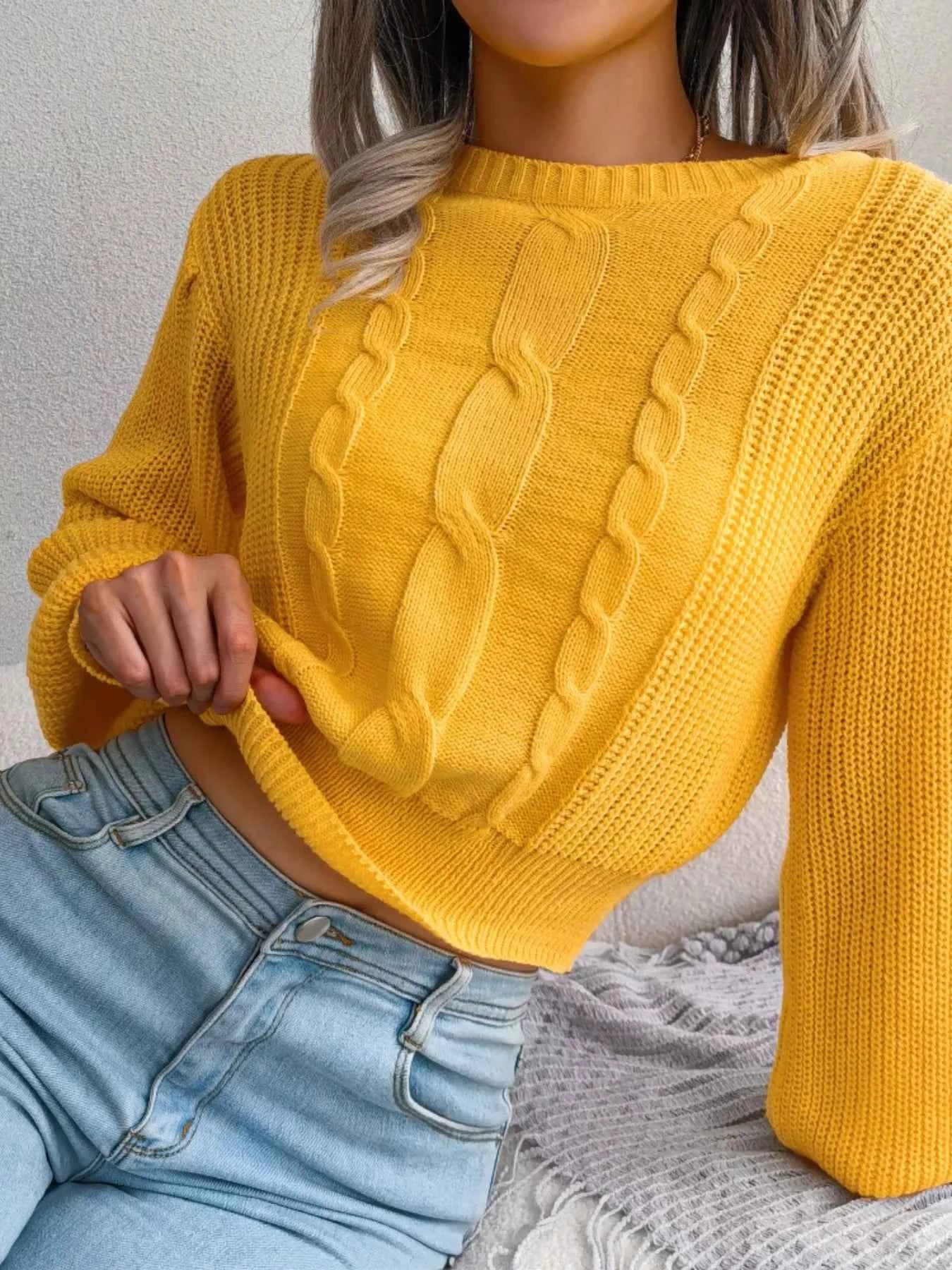 Cable Knit Round Neck Cropped Sweater Gold 1e2987f6-8220-4778-993f-5536a148d917-Max-Origin