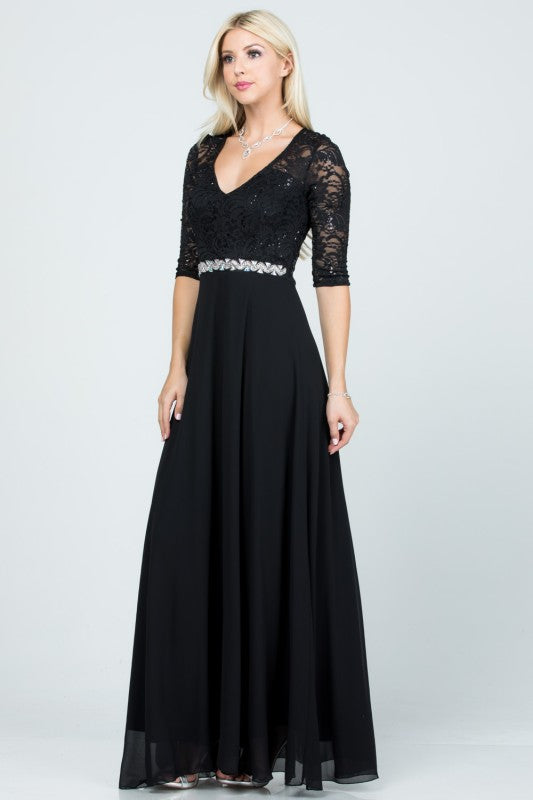A-Line Lace Evening Dress – 3/4 Sleeve Rhinestone Waist Gown for Women 1e2c3953-ba5c-4177-aad1-08a261e40c30