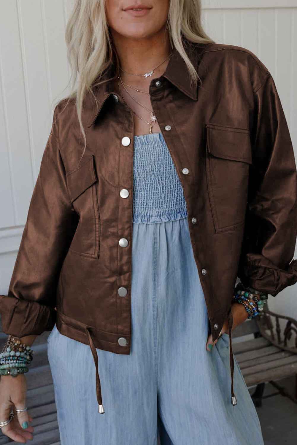 Chicory Coffee Flap Pocket Drawstring Hem Leather Jacket Chicory Coffee shell:100%PU+Lining:100%Polyester 1e2d956baf383ea3