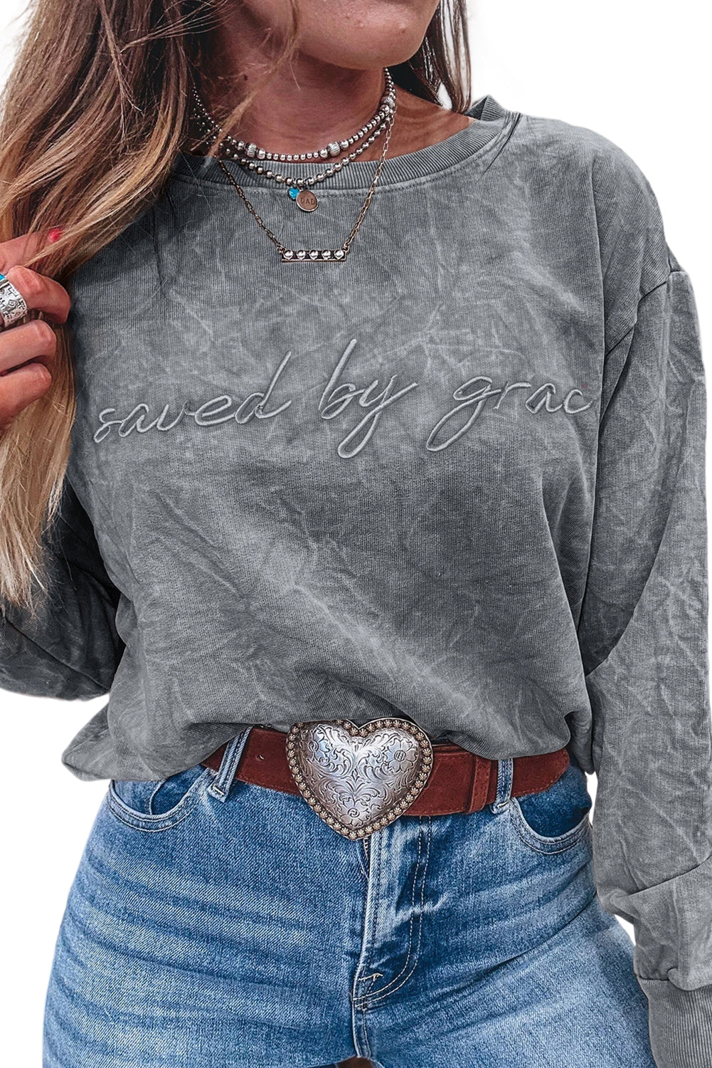 Sea Green saved by grace Letter Embroidery Mineral Wash Loose Sweatshirt High-rise 85%Cotton+15%Polyester 1e36d6eb0b6425d1