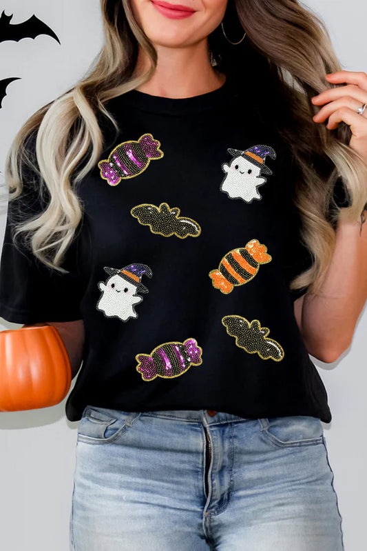 Black Halloween Spirit Pattern Sequins Patch Custom Casual Tee 1e3cb9644c06fd2c