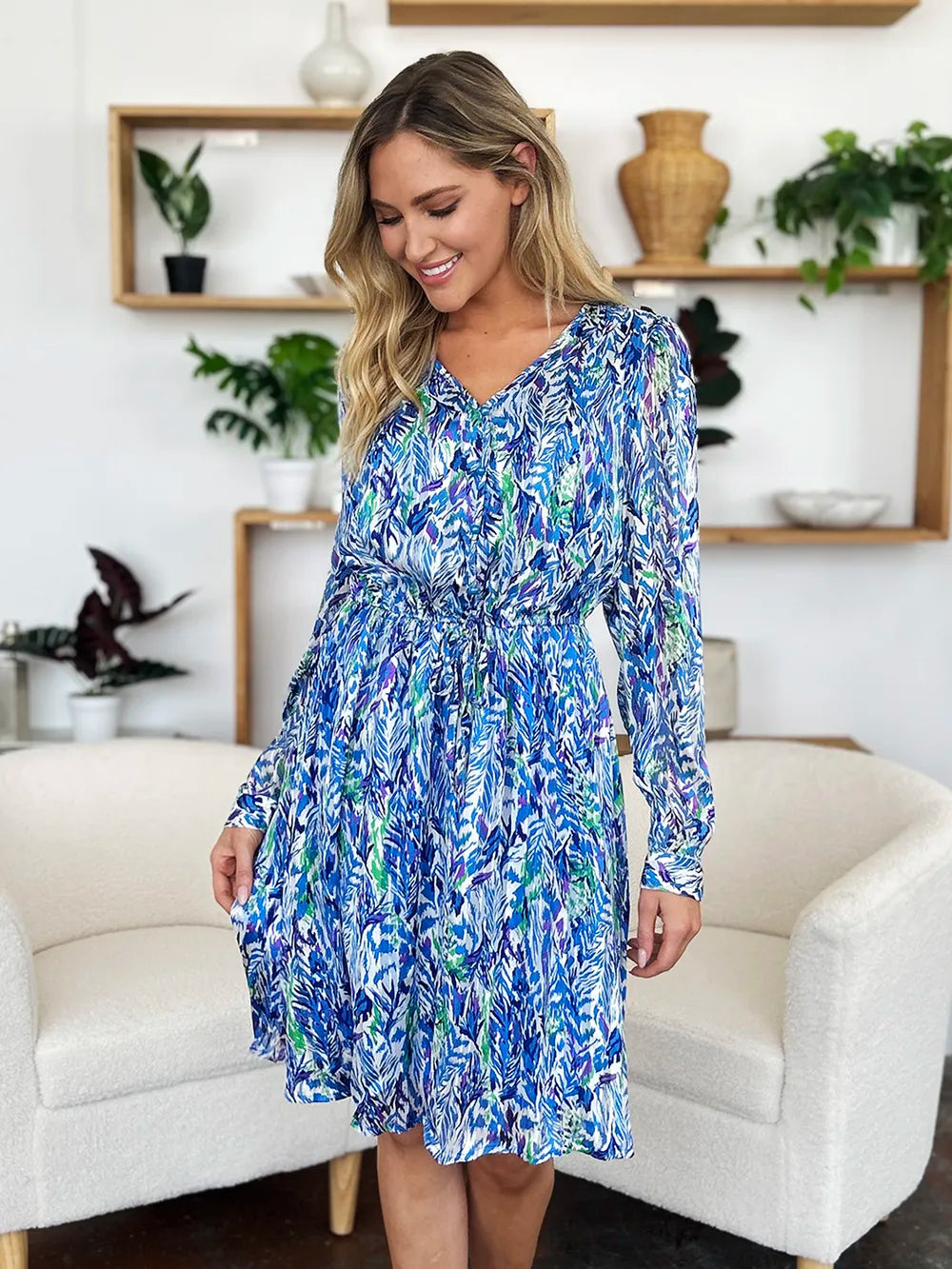 Double Take Full Size Printed Drawstring Waist Long Sleeve Dress 1e3f00ac-9445-40a0-866d-69bf6055c4f1-Max
