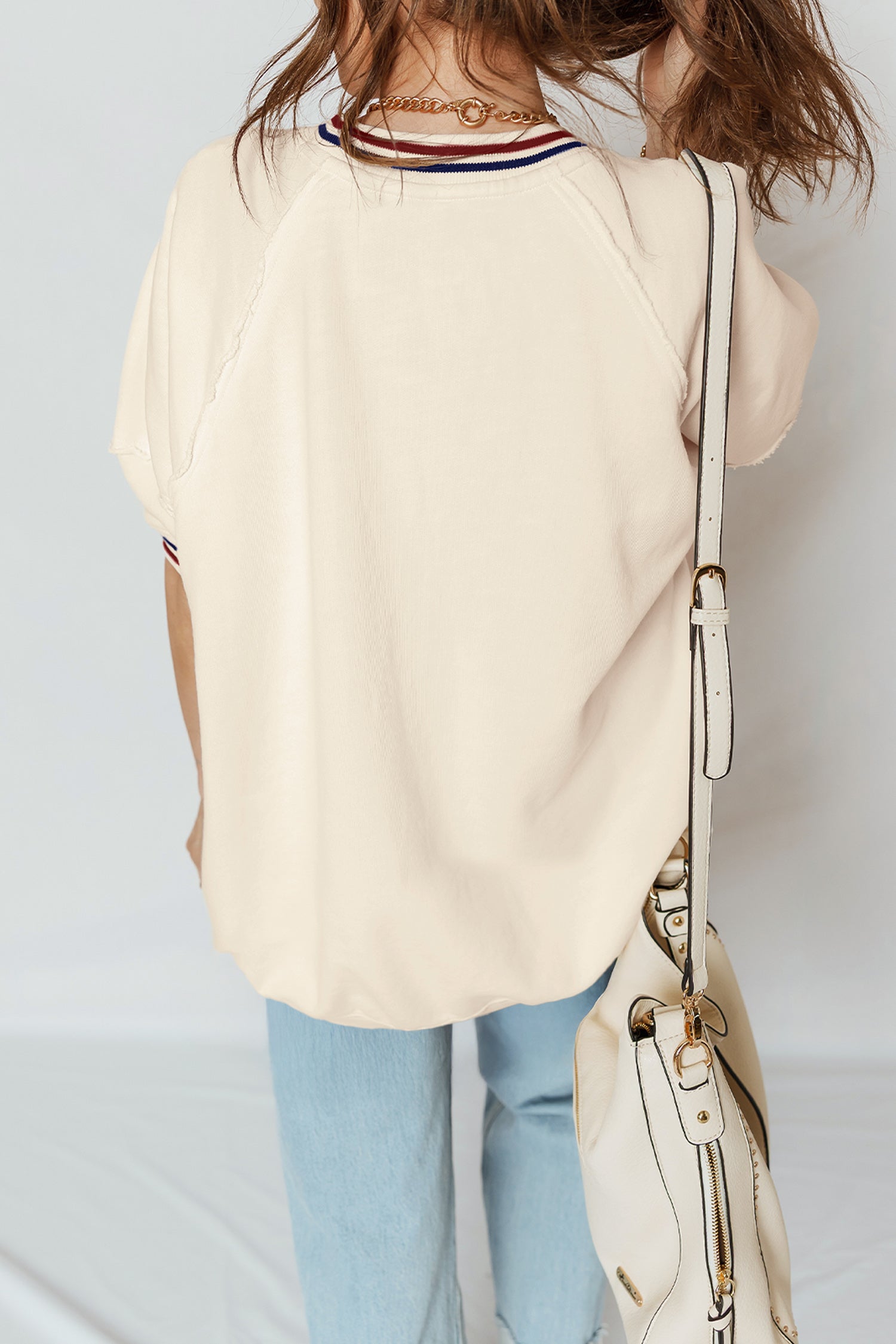 Beige Contrast Varsity Striped Neckline Cuffed Short Sleeve Loose Tunic Top 1e40576bc4949930