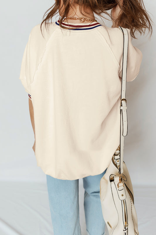 Beige Contrast Varsity Striped Neckline Cuffed Short Sleeve Loose Tunic Top 1e40576bc4949930