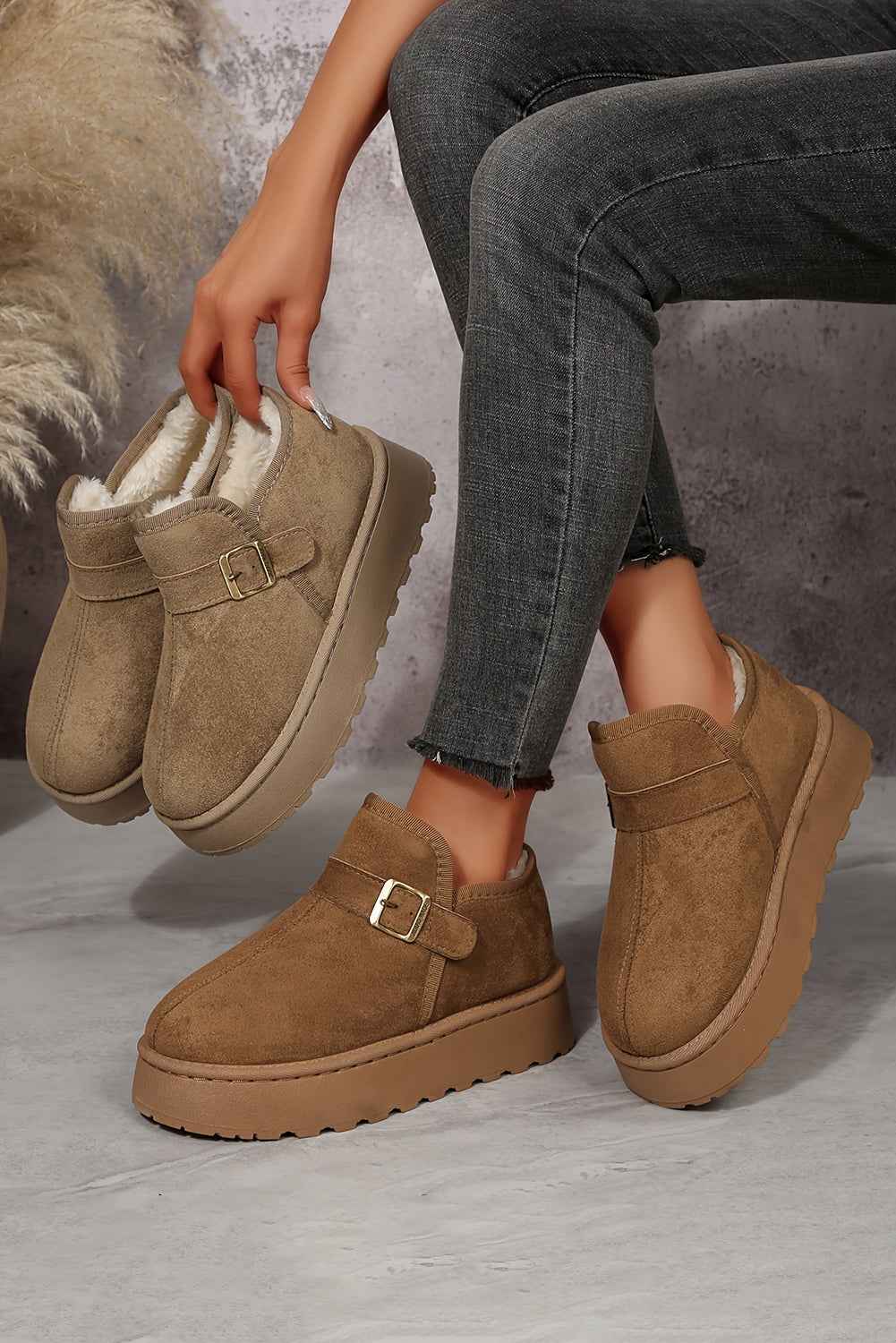 Coffee Buckle Detail Round Toe Platform Cozy Winter Boots 1e40c52b2648fb70