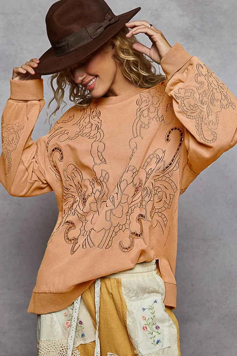 POL Round Neck French Terry Sweatshirt with Cutout Detail Sherbet 1e447da3-640d-493f-be63-f5565dafb009-Max-Origin