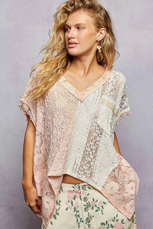 POL Asymmetrical V-Neck Short Sleeve Lace Top 1e4a7f4b-eb26-455b-a00e-67e1fce0ea0d-Max-Origin