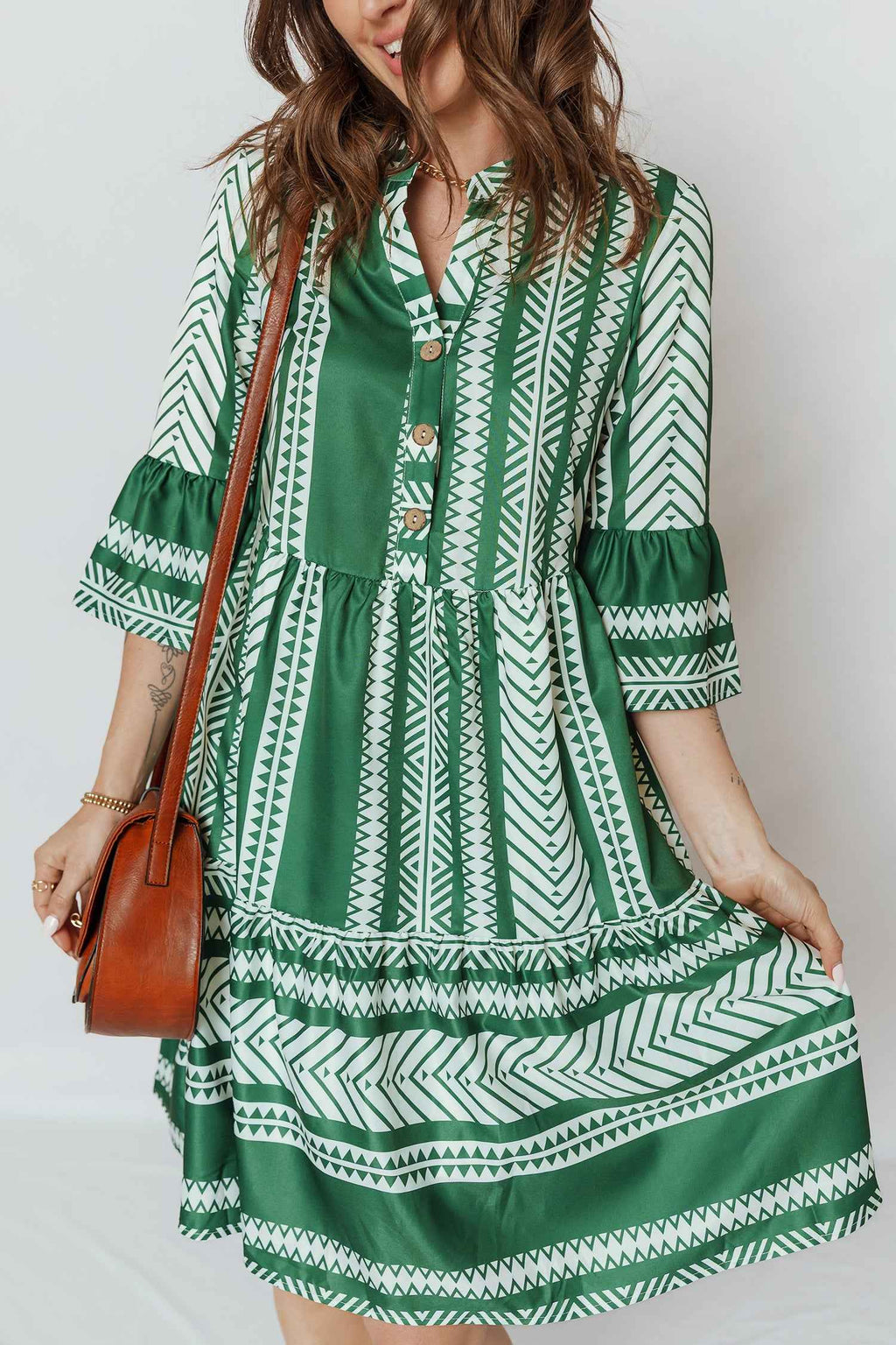 Green Boho Ethnic Print Half Button 3/4 Sleeve Casual Dress Green 100%Polyester 1e4b251c3f9c2dff