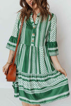 Green Boho Ethnic Print Half Button 3/4 Sleeve Casual Dress Green 100%Polyester 1e4b251c3f9c2dff