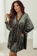Velvet Long Sleeve V-Neck Side Pocket Dress Jungle Green 1e4c9717-c502-48f3-a04c-7e7f393fedb2