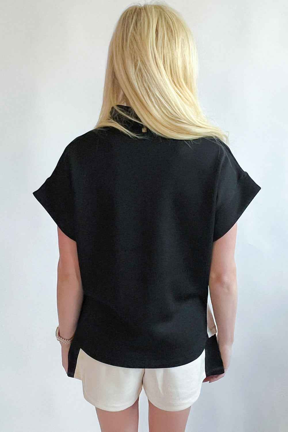 Black Colorblock Zipper Collar T Shirt and Shorts Set 1e505f7995d15f25