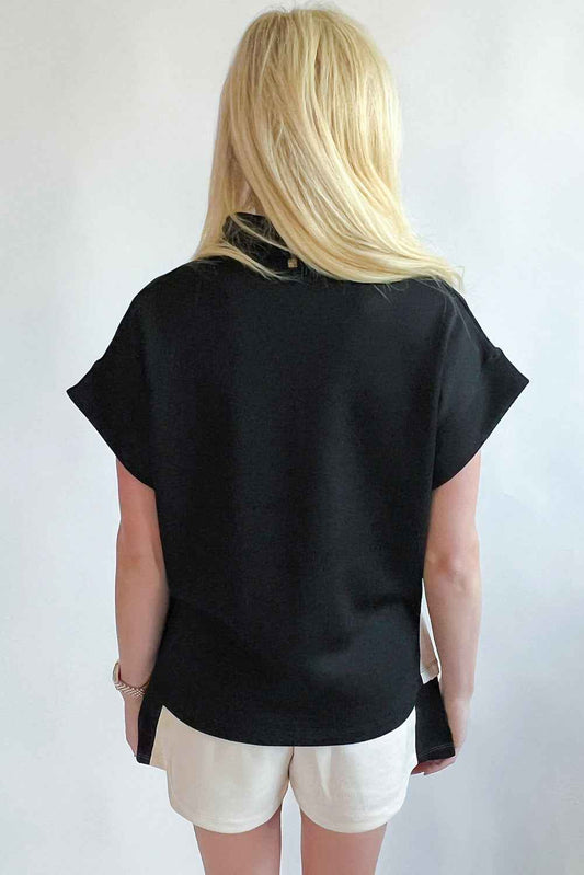Black Colorblock Zipper Collar T Shirt and Shorts Set 1e505f7995d15f25