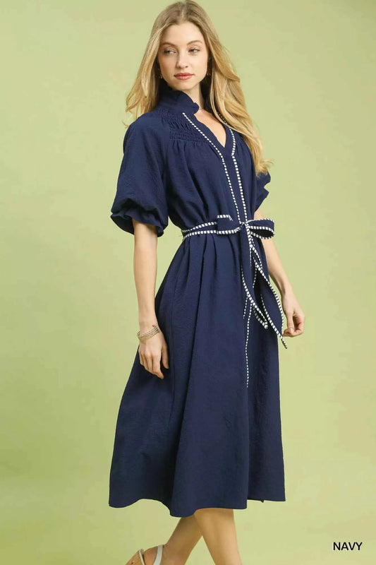 Ruffle Collar Midi Dress with Stripe Trim 1e506c28-f2e8-4a09-8d4a-d2d08f4768b0-Max-Origin