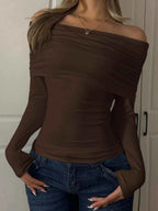 Off-Shoulder Ruched Long Sleeve T-Shirt 1e56413b91514df386f74b1ff182c7a1-Max-Origin