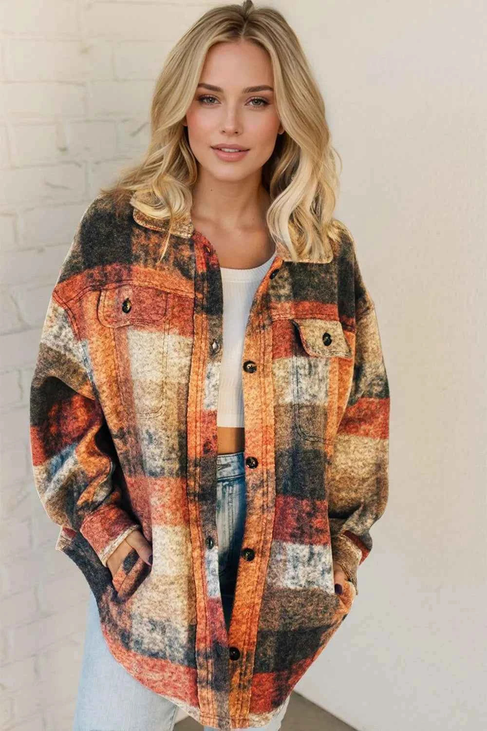 Double Take Button Up Plaid Fleece Shacket with Pockets 1e56a496-9429-472d-8d6a-7f926b2332fa-Max