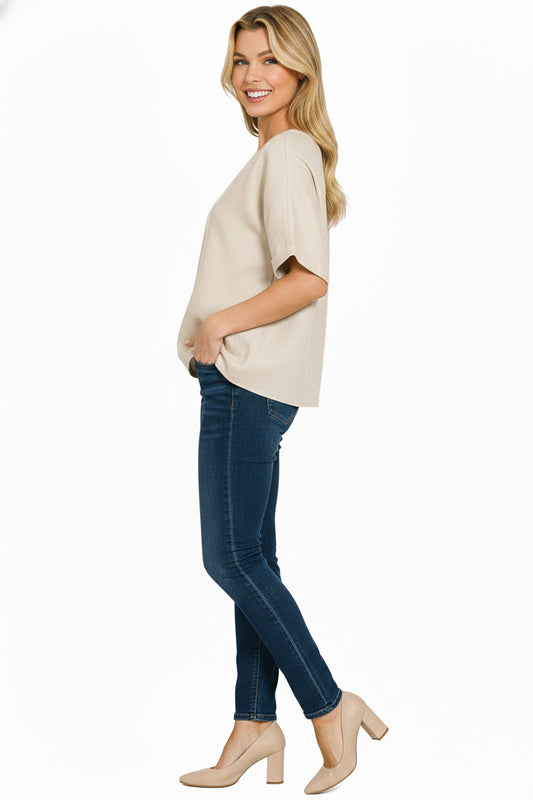 Linen Round Neck Cuffed Sleeve Top 1e599402-b239-4ccc-a3be-accc136015dc-Max