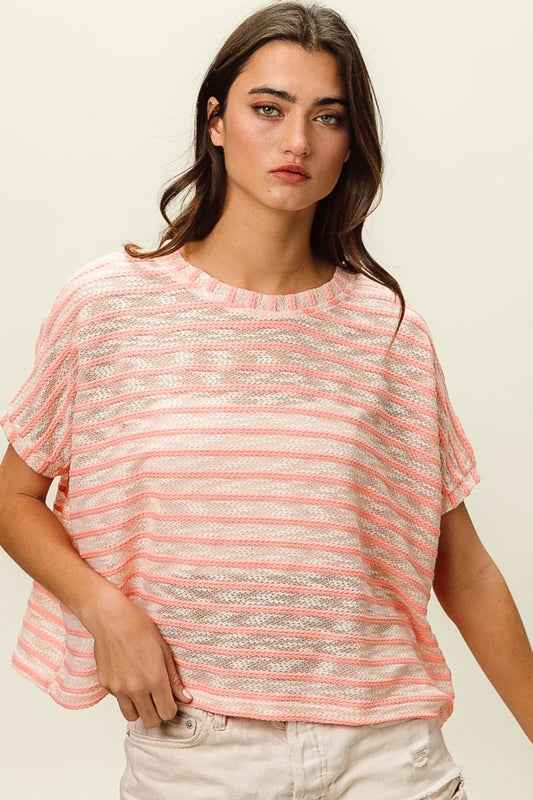 BiBi Braid Striped Short Sleeve Round Neck T-Shirt Pink 1e639d68-f838-41e7-965e-b6512de540c0-Max