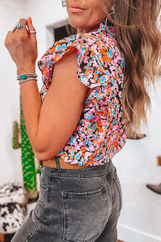 Orange Floral Print Shirred Stand Neck Flutter Shoulder Blouse 1e64e5515164c768