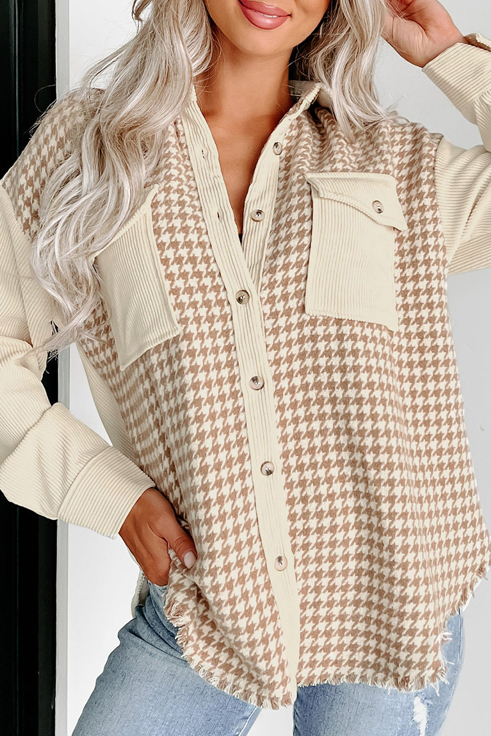 Parchment Houndstooth Corduroy Patchwork Flap Pocket Shacket 1e690117bf5b0aae