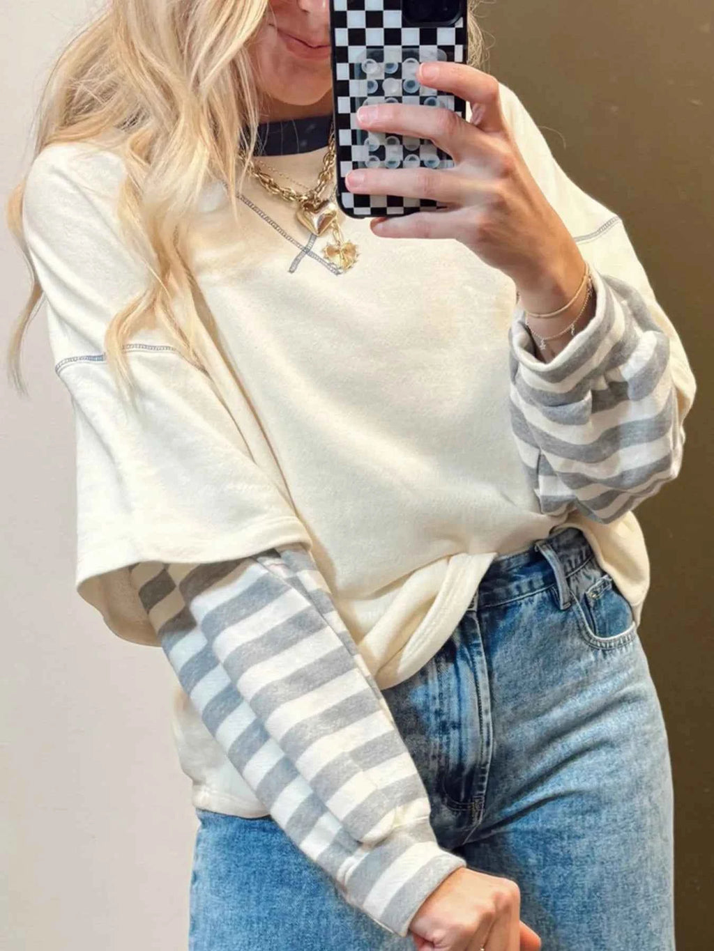 Striped Patchwork Long Sleeve Round Neck Two-in-one Top 1e6d41ac-679f-4a3b-9f12-0c76382d98e5-Max-Origin