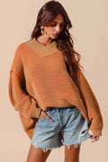 SO ME Oversized Two Tone Textured V Neck Sweater CAMEL ORANGE 1e6eaba36acb4cb8b5be1894e23ad690-Max-Origin