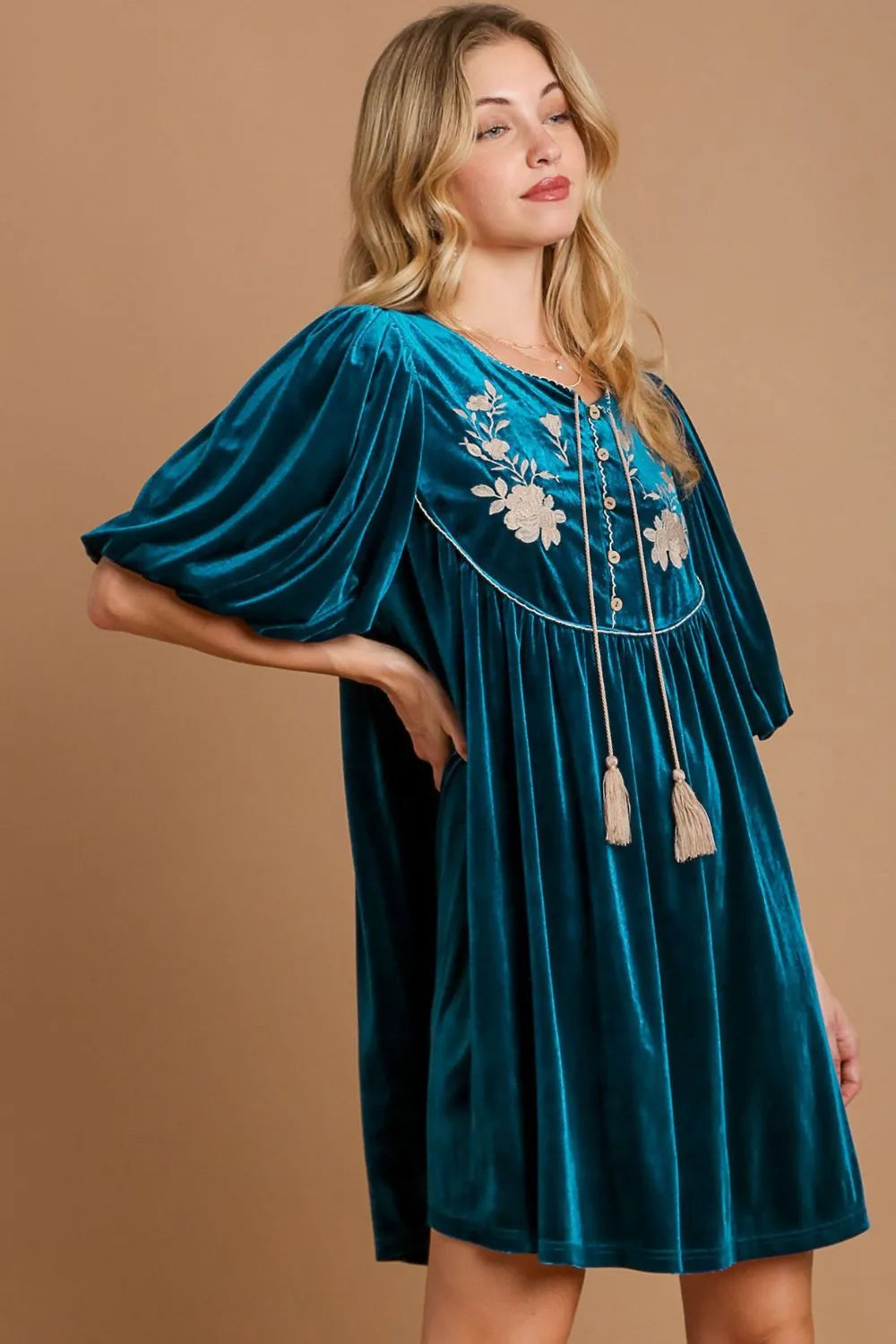 Umgee Embroidered Half Sleeve Velvet Mini Dress with Tassel 1e6efaa7-6ba4-4468-9d96-cd8efa1961f1-Max