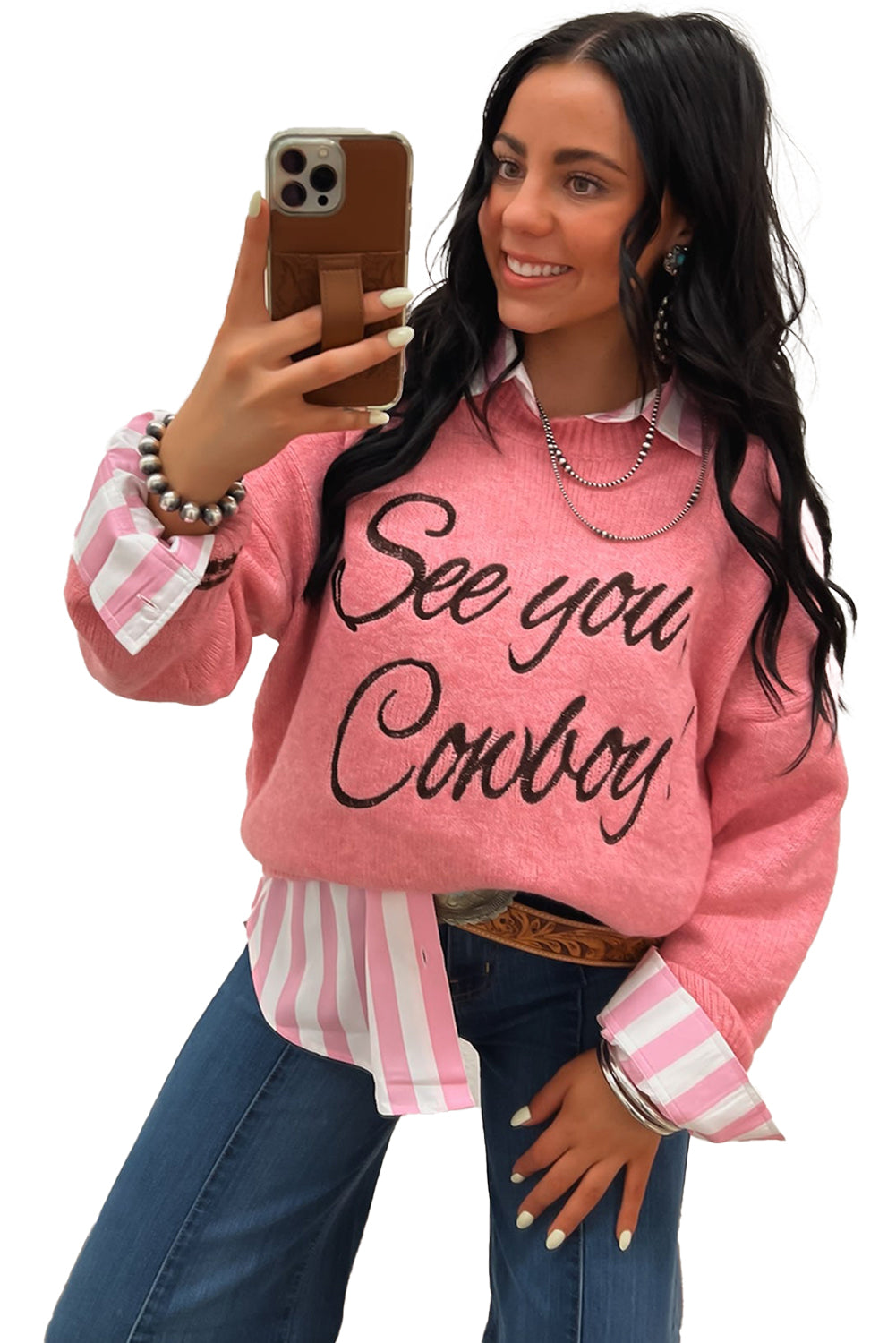 Peach Blossom Letter Embroidered Graphic Sweater Peach Blossom 52%Viscose+26%Polyester+22%Polyamide 1e70a749ed5e3461