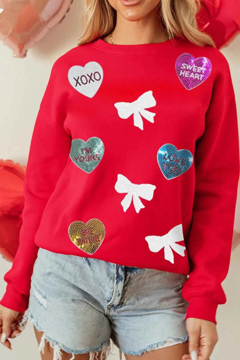 Valentine’s Day Sequin Bow Heart Round Neck Sweatshirt 1e70f8e2-a968-49e5-a96f-2b438f143ceb-Max
