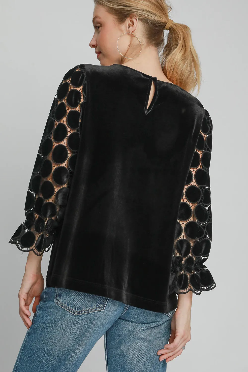 Umgee Polka Dot Lace Long Sleeve Round Neck Blouse 1e72052d-fe03-4d41-b614-864237a8c6c5-Max