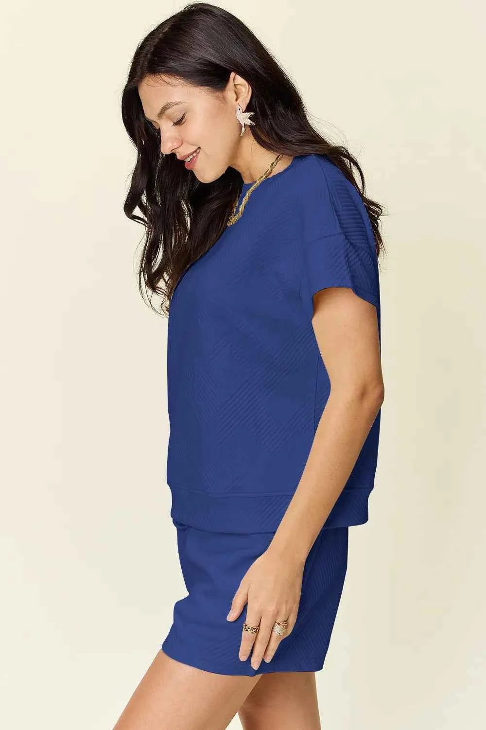 Double Take Full Size Texture Short Sleeve T-Shirt and Drawstring Shorts Set 1e764395-fbac-44ce-8149-27654765b898-Max