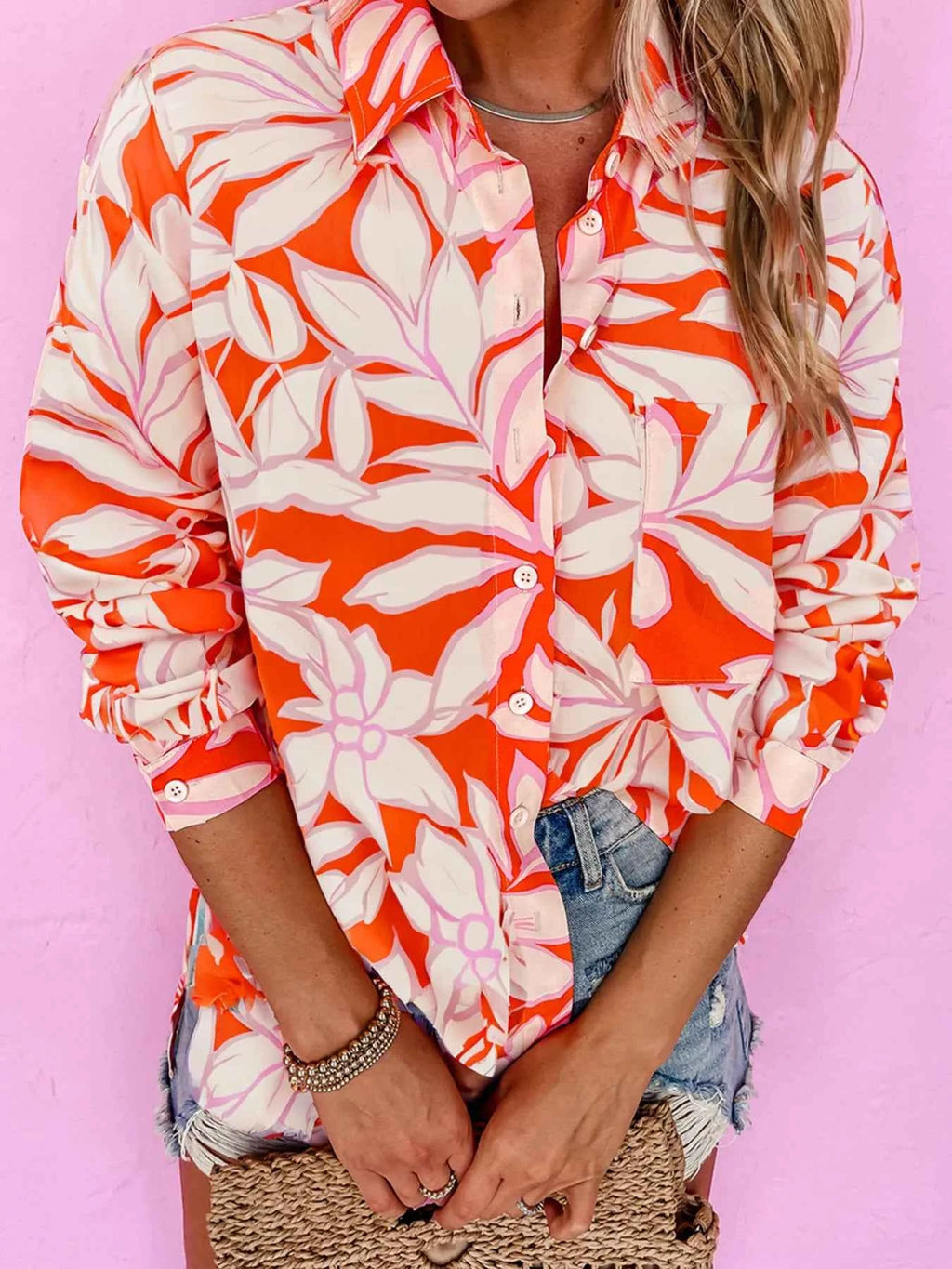 Botanical Print Single Chest Pocket Button Up Shirt Orange 1e80dd2d94b6468893e48857dc5afa25-Max-Origin