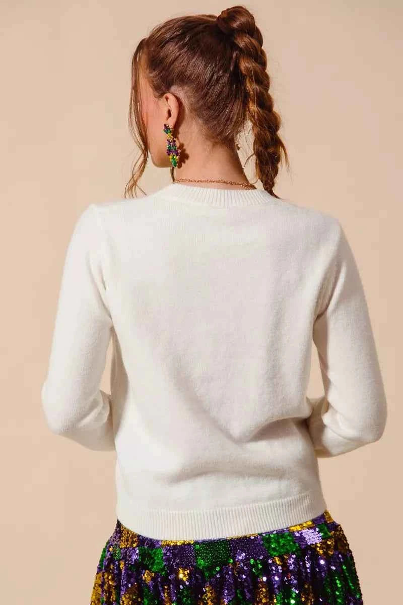 SO ME Mardi Gras Sequins Bow Ribbon Embellished Sweater 1e8b11f017b7494b9c7c8b7038b98169-Max-Origin