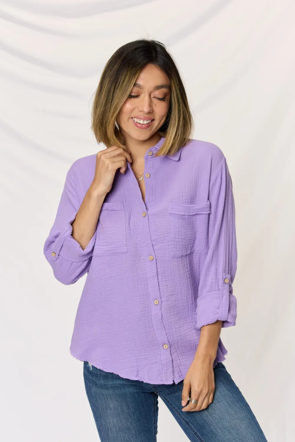 Texture Button Up Raw Hem Long Sleeve Shirt 1e8b39f1-d872-442b-8646-102c9825ba55-Max