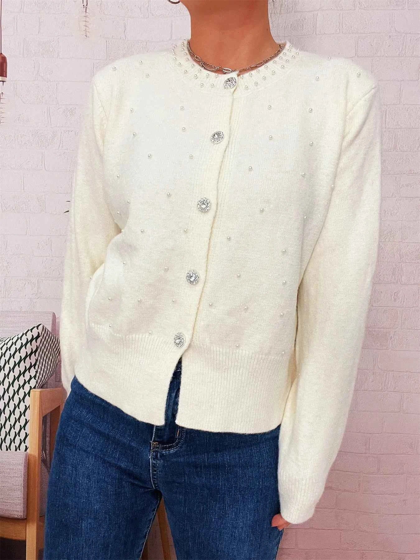 Pearl Detail Button-Front Cardigan 1e9400d9e1e14d18a7a05203533125ab-Max-Origin
