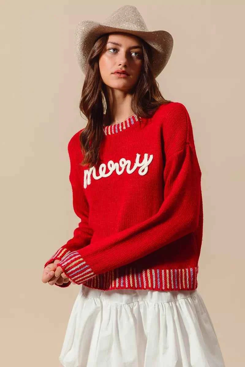 SO ME Merry Lettering Embroidered Christmas Sweater 1e942df80c2b47b5ac2a1b35fed1af27-Max-Origin