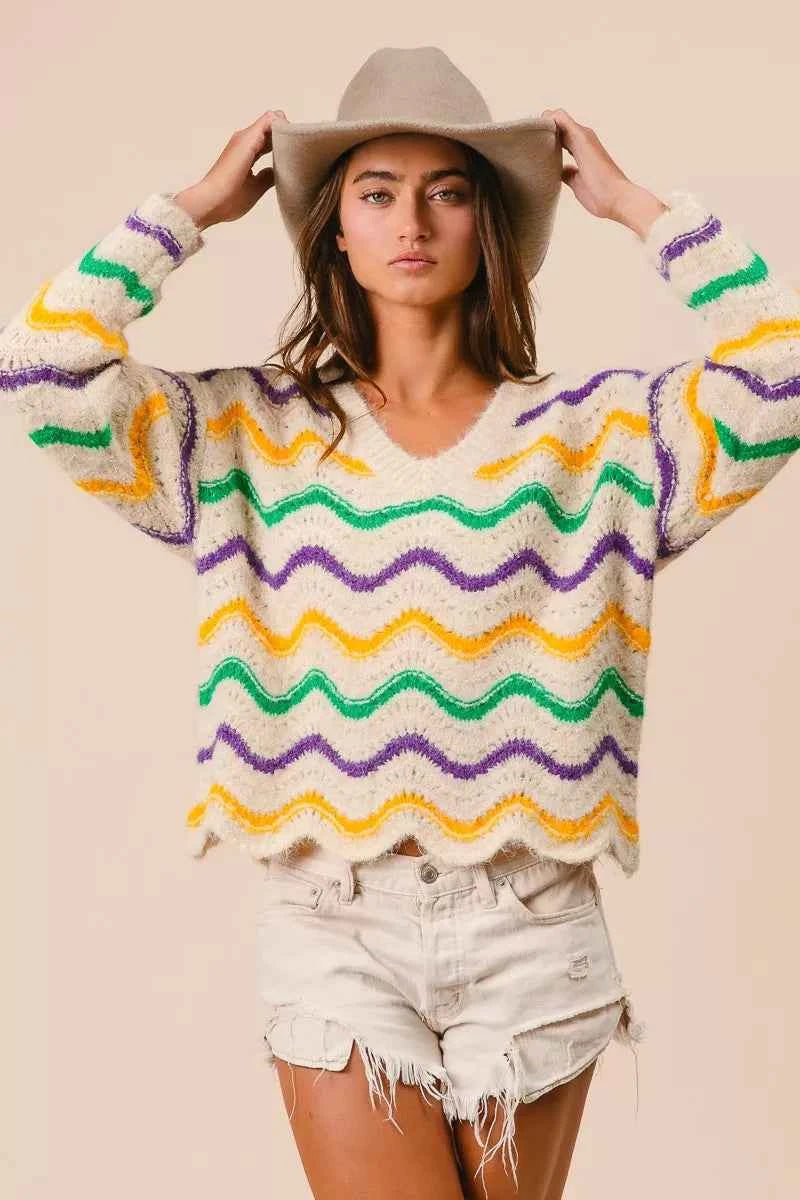 BiBi Mardi Gras Wavy Stripes V-Neck Sweater 1e94bee8f82b4775a0be0faa6b258e98-Max-Origin