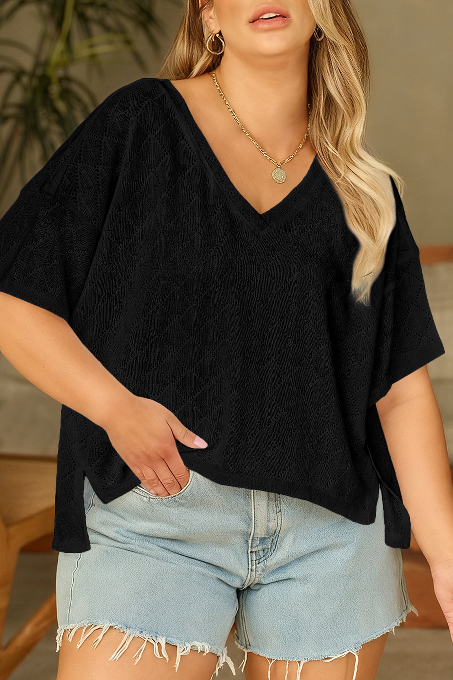 Black Pointelle Rhombus Knit Plus Size V Neck Loose Top Black 100%Polyester 1e99f59b8bfe6b76