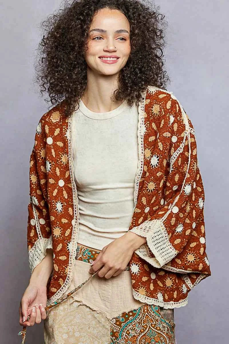 POL Open Front Floral Pattern Crochet Cardigan CHOCO MULTI One Size 1e9b8ed6-bfe6-496a-8d9f-efa6638ebc37-Max-Origin
