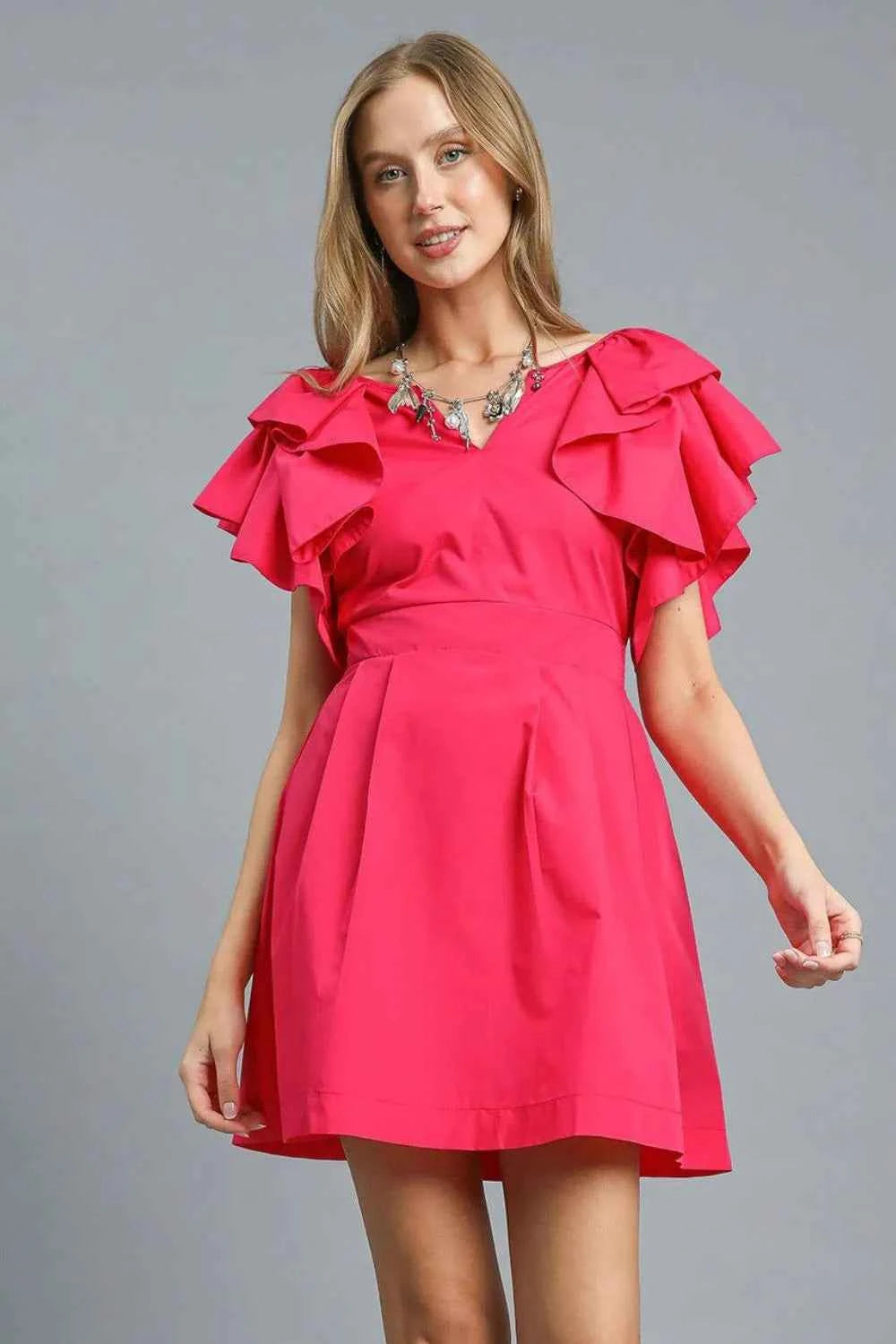 Umgee Double Ruffle Sleeve Fit and Flare Dress Deep Rose 1e9f6d72-d67e-45ab-b354-0d184c23c4ec-Max-Origin