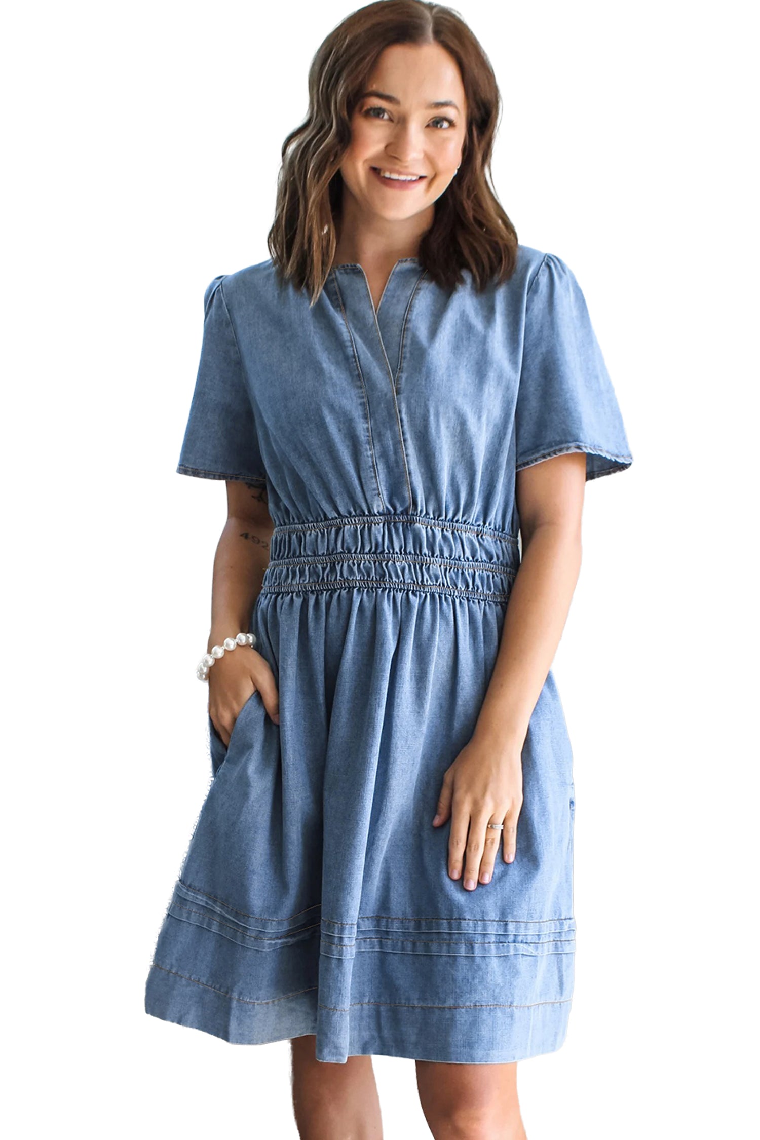 Myosotis Elastic Waist Short Sleeve Denim Mini Dress 1ea7ca86910d131f