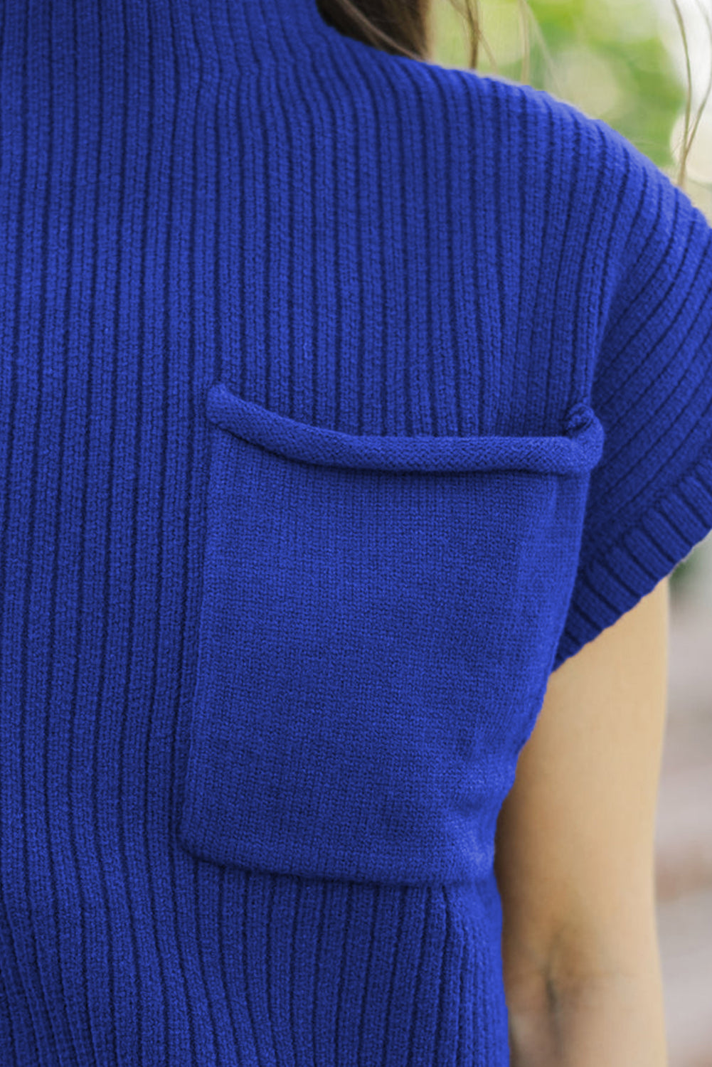 Green Patch Pocket Ribbed Knit Short Sleeve Sweater 1eac853f9534cb06