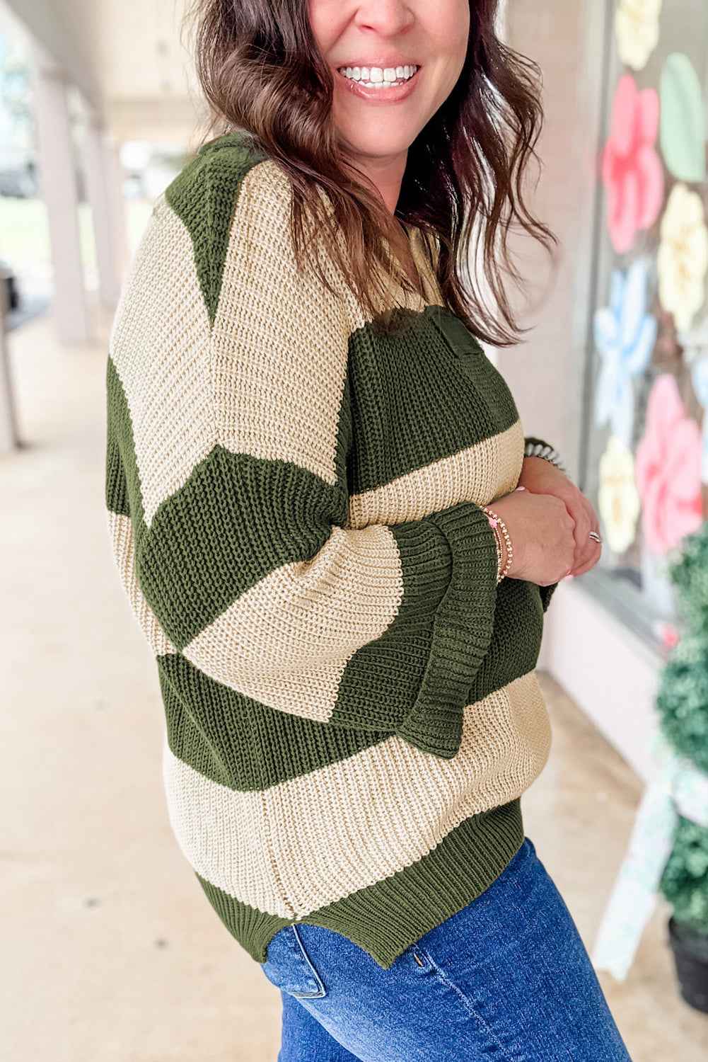 Green Stripe Colorblock Notched Neck Plus Size Sweater 1ead1676e931fbda