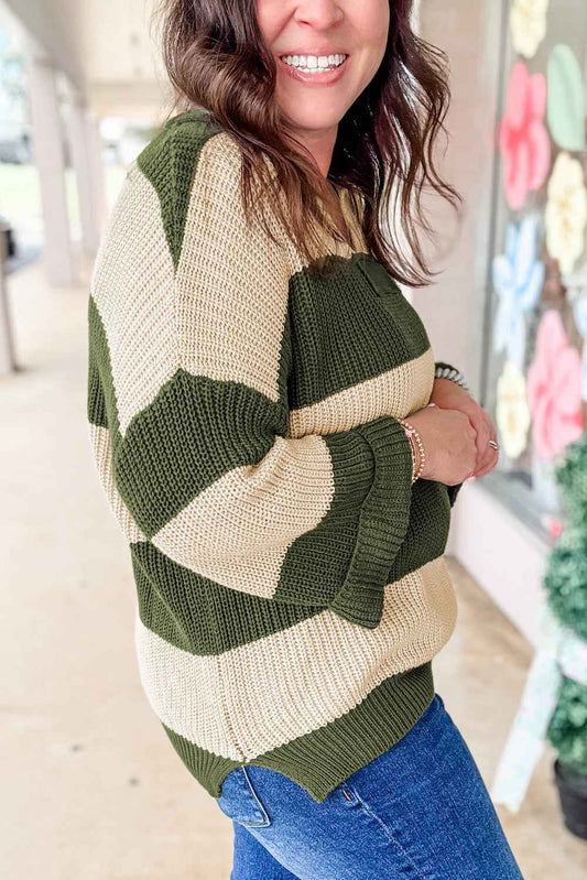 Green Stripe Colorblock Notched Neck Plus Size Sweater 1ead1676e931fbda