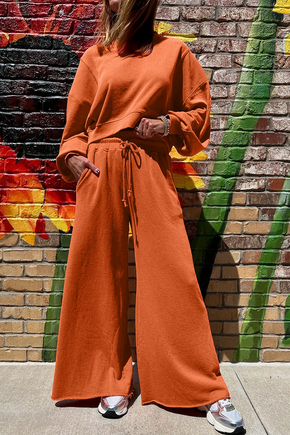 Flamingo Drop Shoulder Crop Pullover Drawstring Wide Leg Pants Set 1eb2d1ca0199c0e3