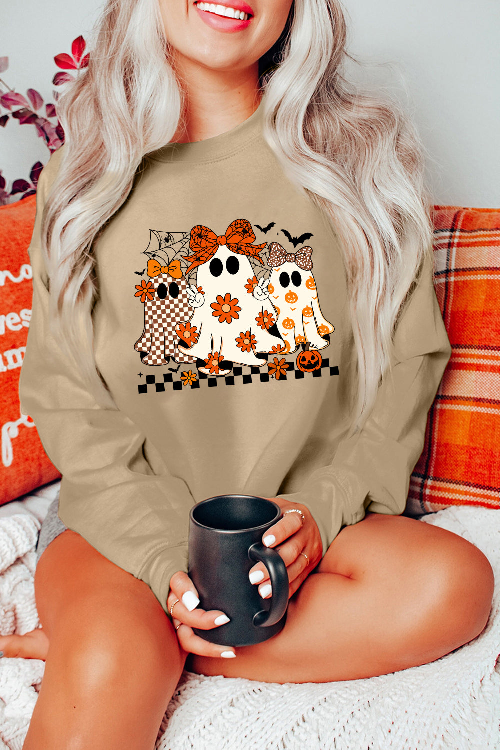 Khaki Cute Halloween Ghost Heat Transfer Printing Graphic Baggy Sweatshirt 1eb5bd50b2024606