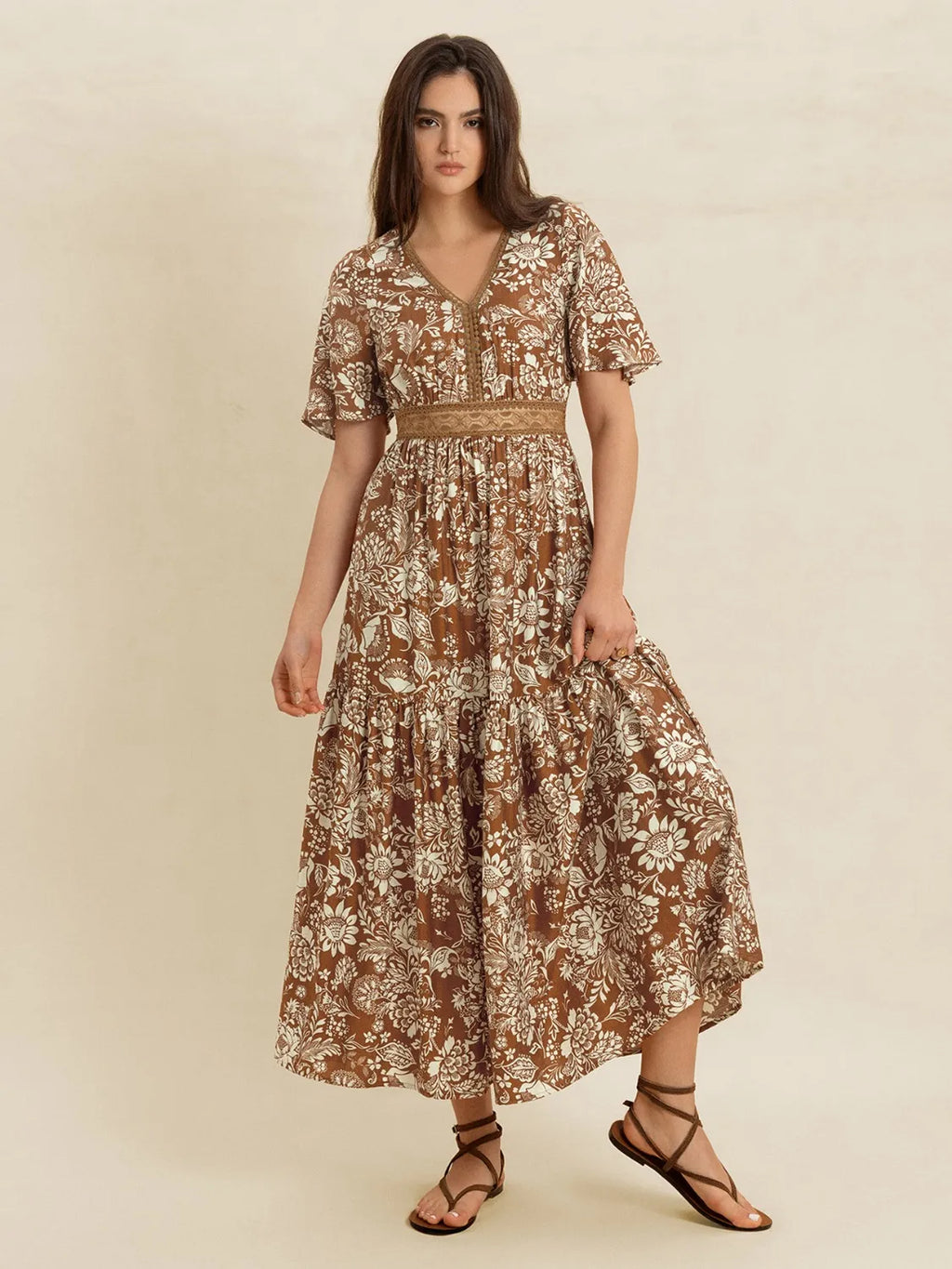 Lace Detail Printed Short Sleeve Midi Dress 1eb89b1a-8eb7-4ccb-917d-93cbb4d1e8b8-Max-Origin