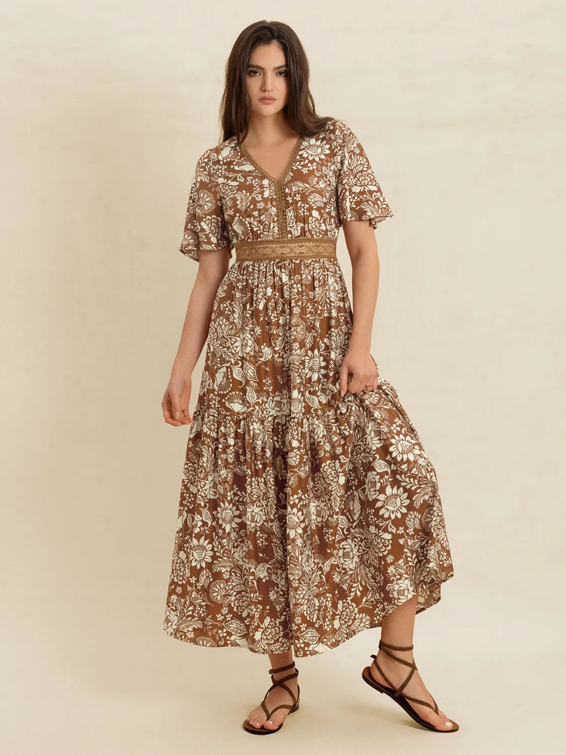 Lace Detail Printed Short Sleeve Midi Dress 1eb89b1a-8eb7-4ccb-917d-93cbb4d1e8b8-Max-Origin