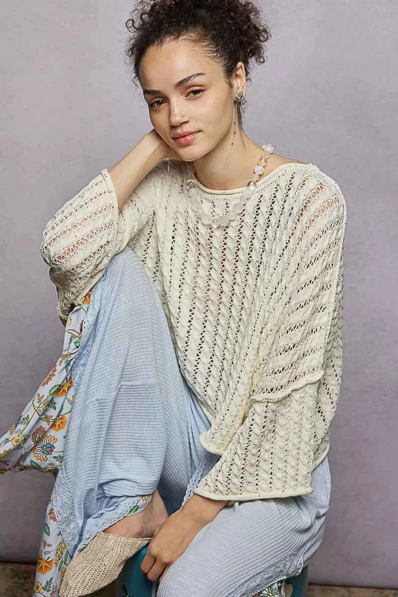 POL Cable-Knit Openwork Round Neck Cropped Sweater 1eb8db16-b8c4-4a3b-9610-49eae52e514b-Max-Origin