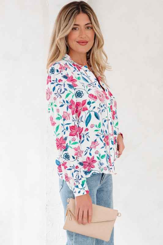 Floral Lace Trim Buttoned Long Sleeve Shirt 1eb9acfe-98df-46b4-a394-34ef04a45cf4