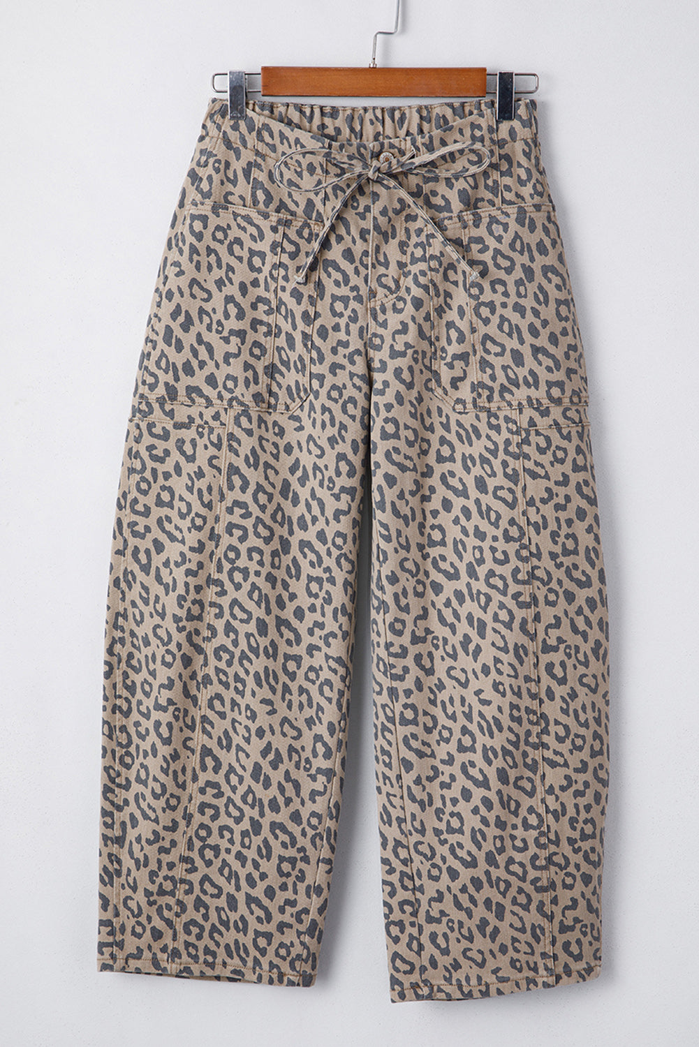 Khaki Leopard Print Drawstring Waist Pocketed Wide Leg Jeans 1ebc24e7f9782280